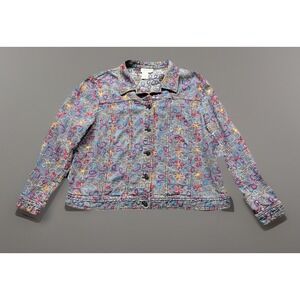 Coldwater Creek Denim‎ Jean Jacket Large Floral Colorful Embroidered Boho Chic
